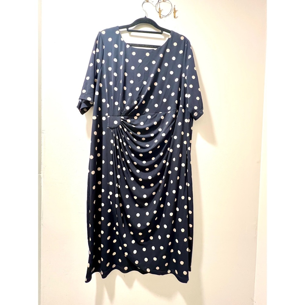 Connected Apparel Navy Blue Polka Dot Faux Wrap‎ Ruched Sheath Dress 18W
